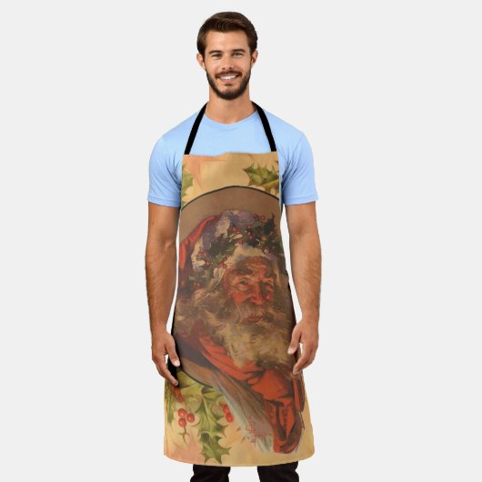 サンタクロースクリスマスヴィンテージポートレート エプロン (着用した状態)