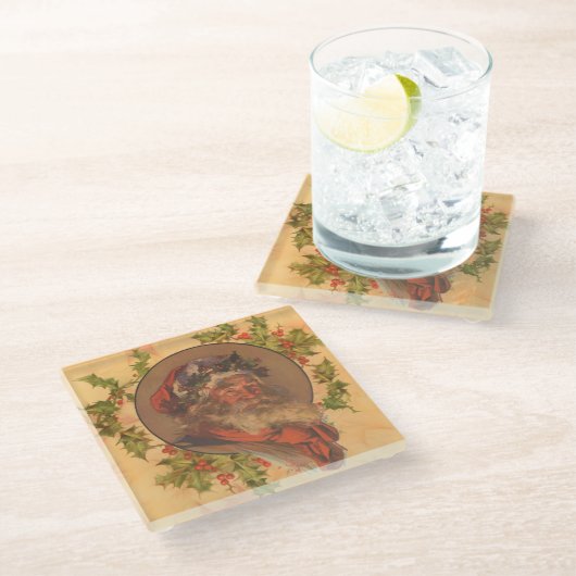 サンタクロースクリスマスヴィンテージポートレート ガラスコースター (アングル)