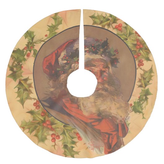 サンタクロースクリスマスヴィンテージポートレート ブラッシュドポリエステルツリースカート (正面)