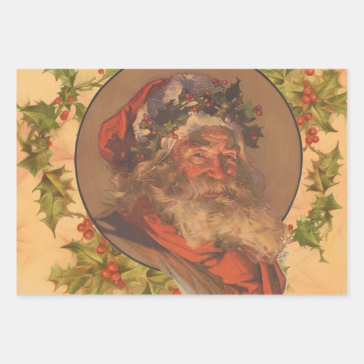サンタクロースクリスマスヴィンテージポートレート ラッピングペーパーシート (正面)