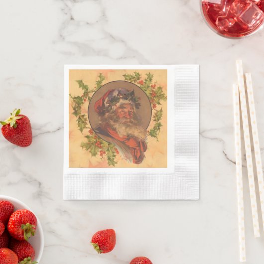 サンタクロースクリスマスヴィンテージポートレート 縁ありカクテルナプキン (インサイチュ)