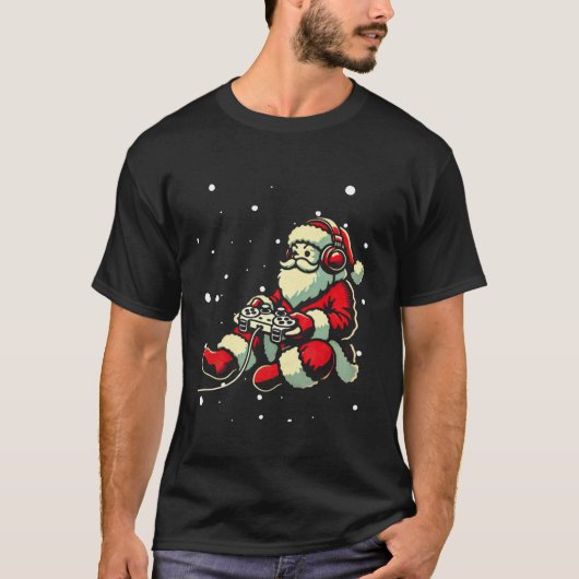 サンタクロースゲーマーコントローラクリスマスレトロビデオ Tシャツ (正面)