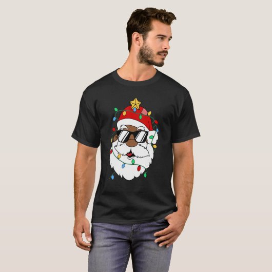 サンタクロースサングラスクリスマスクリスマスライトブラック Tシャツ (正面フル)