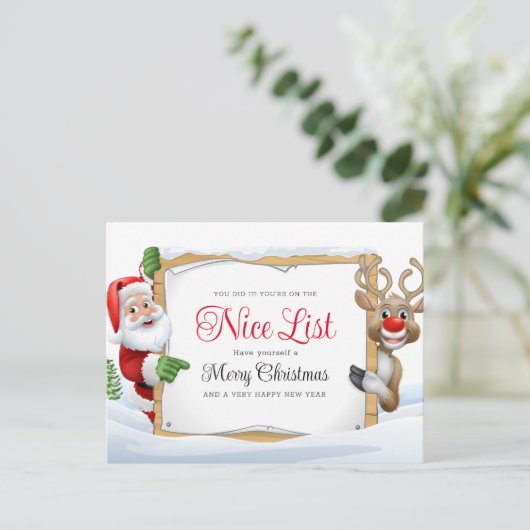 サンタクロースニースリストと赤い鼻トナカイクリスマス シーズンポストカード (スタンド正面)