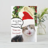 サンタクロースハットホリデーパーティー付きクリスマスキャット 招待状 (スタンド正面)