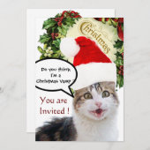 サンタクロースハットホリデーパーティー付きクリスマスキャット 招待状 (正面/裏面)