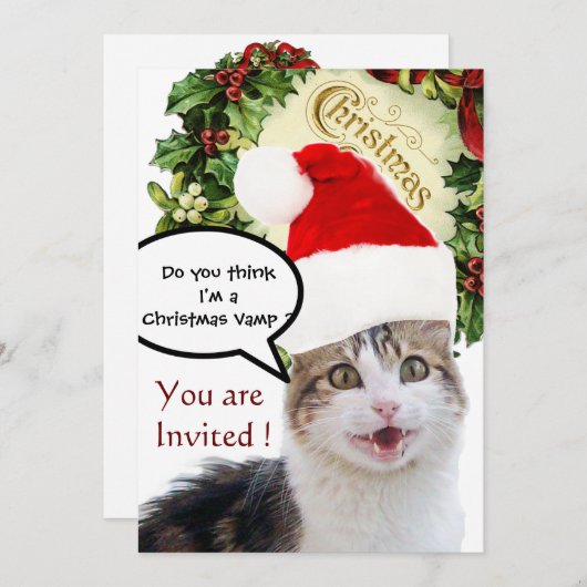 サンタクロースハットホリデーパーティー付きクリスマスキャット 招待状 (正面/裏面)