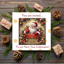 サンタクロースハッピーニューイヤーパーソナライズされた金ゴールド 招待状