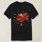 サンタクロースパイロット飛んでいる飛行機メリークリスマス Tシャツ (デザイン正面)