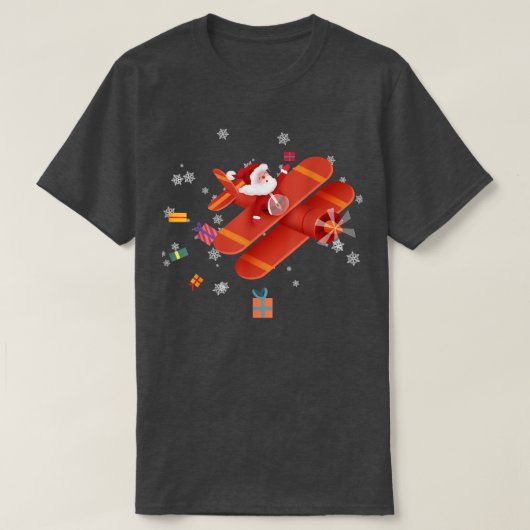 サンタクロースパイロット飛んでいる飛行機メリークリスマス Tシャツ (デザイン正面)
