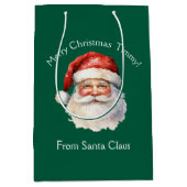 サンタクロースパーソナライズされたグリーンキッズクリスマス ミディアムペーパーバッグ (正面)