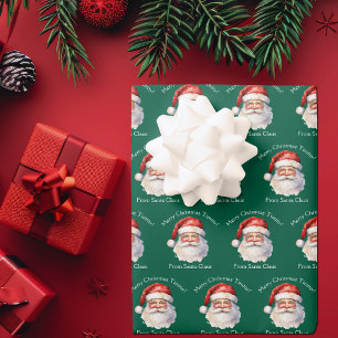 サンタクロースパーソナライズされたグリーンキッズクリスマス ラッピングペーパーシート