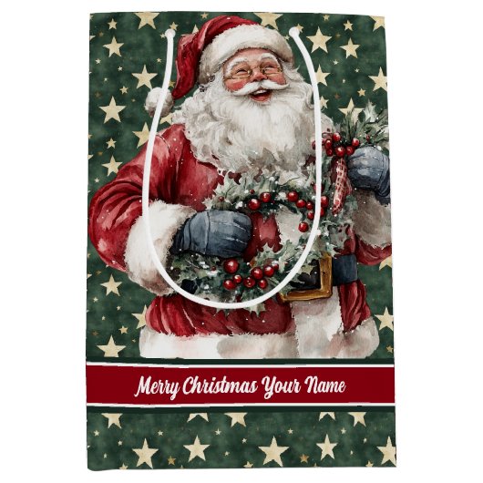 サンタクロースパーソナライズされた抱き枕ヴィンテージホリデー ミディアムペーパーバッグ (正面)