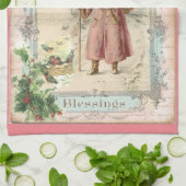 サンタクロースビクトリアンピンクの木の鳥クリスマス キッチンタオル (折り畳み)