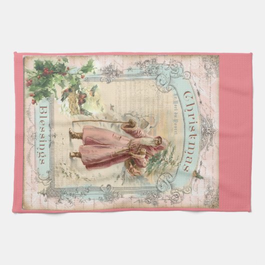 サンタクロースビクトリアンピンクの木の鳥クリスマス キッチンタオル (横)