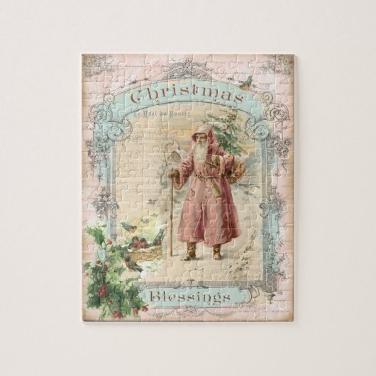 サンタクロースビクトリアンピンクの木の鳥クリスマス ジグソーパズル (縦)
