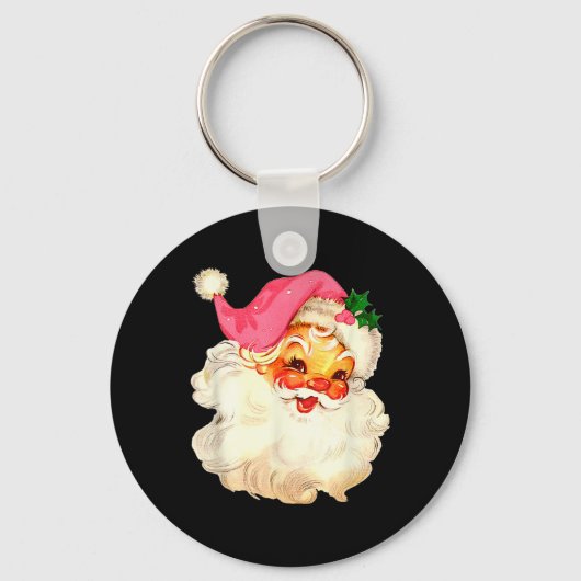 サンタクロースピンククリスマス顔オールドクリスマスヴィンテージP キーホルダー (正面)