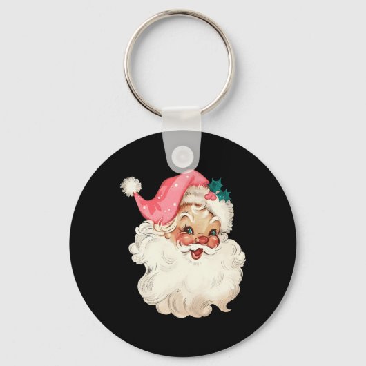 サンタクロースピンククリスマス顔オールドクリスマスヴィンテージP キーホルダー (正面)