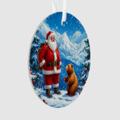 サンタクロースフレンドリーが雪山でクマに出会う オーナメント (正面)