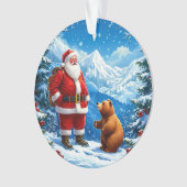 サンタクロースフレンドリーが雪山でクマに出会う オーナメント (正面)