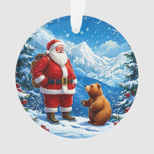 サンタクロースフレンドリーが雪山でクマに出会う オーナメント (正面)