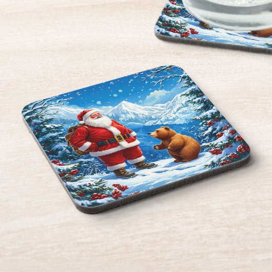 サンタクロースフレンドリーが雪山でクマに出会う コースター (左側)