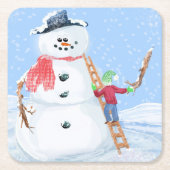 サンタクロースヘルパー建物A間抜け雪だるま スクエアペーパーコースター (正面)