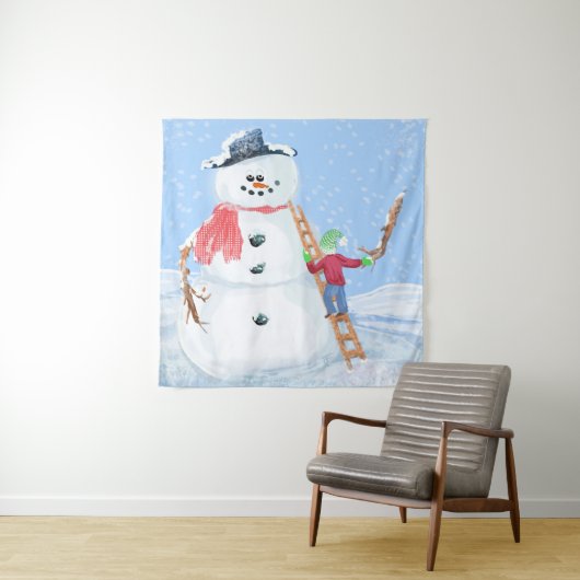 サンタクロースヘルパー建物A間抜け雪だるま タペストリー (インサイチュ)