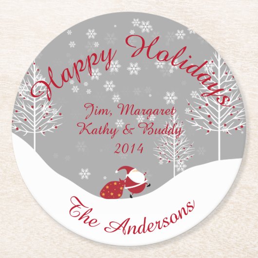 サンタクロースホワイトツリーズレッドオーナメントスノーコースター ラウンドペーパーコースター (正面)