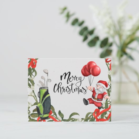 サンタクロースランニングゴルフ付きゴルフクリスマス ポストカード (スタンド正面)