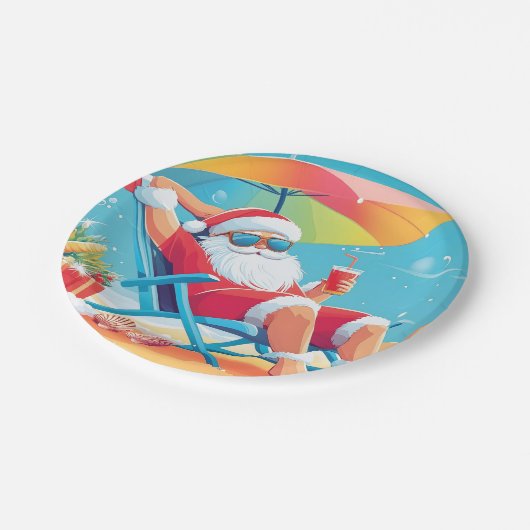サンタクロースリラックスズオンザトロピカルビーチサンベッド ペーパープレート (アングル)