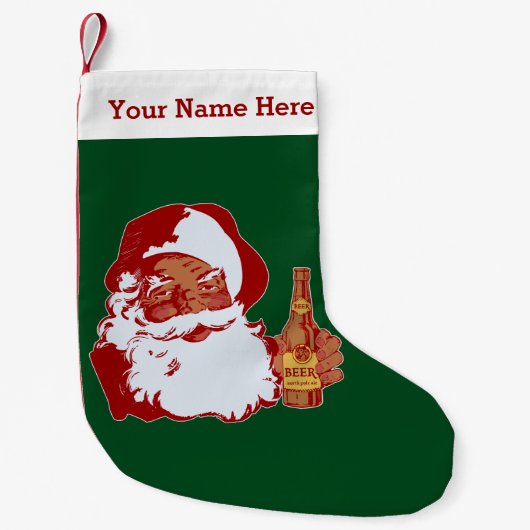 サンタクロースレトロの黒いビールおもしろいなクリスマスの名前 スモールクリスマスストッキング (正面)