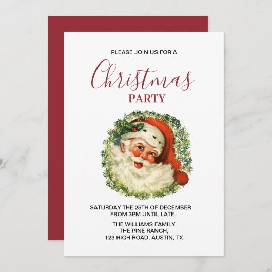 サンタクロースヴィンテージレトロレッドクリスマスパーティー 招待状 (正面/裏面)