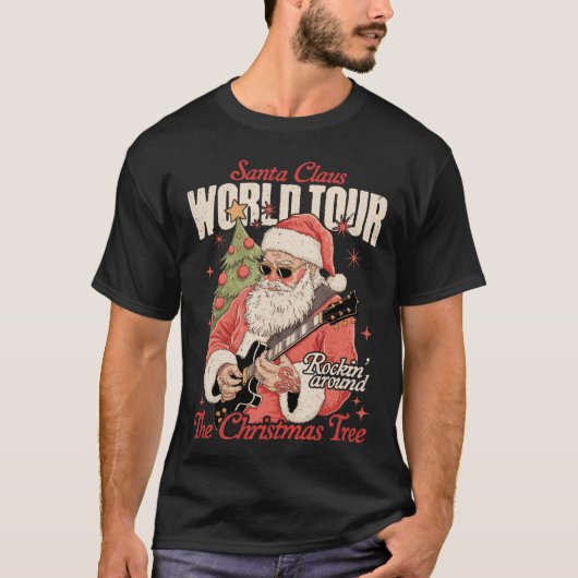 サンタクロース世界ツアークールクリスマスミュージックギター Tシャツ (正面)