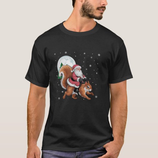 サンタクロース乗りリスおもしろいクリスマスツリーL Tシャツ (正面)