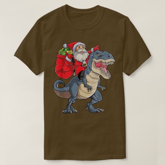 サンタクロース乗り恐竜メリークリスマスハッピー Tシャツ (デザイン正面)