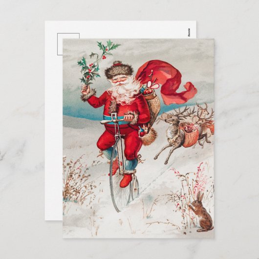サンタクロース乗用自転車、トナカイとウサギ シーズンポストカード (正面/裏面)