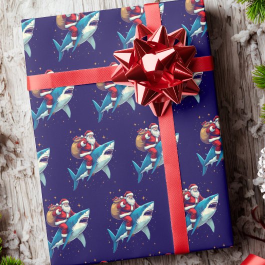 サンタクロース乗馬シャーククリスマスブルー ラッピングペーパー