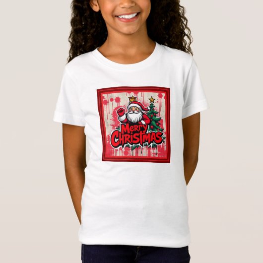 サンタクロース付き赤メリークリスマス Tシャツ (正面)