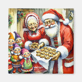 サンタクロース夫妻、クッキーと小妖精や小人クリスマス マグネット (正面)