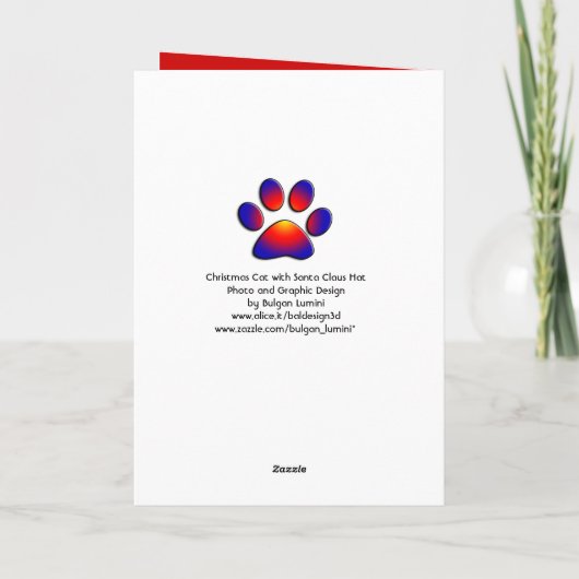 サンタクロース帽とポインセチアを持つクリスマスキャット シーズンカード (裏面)