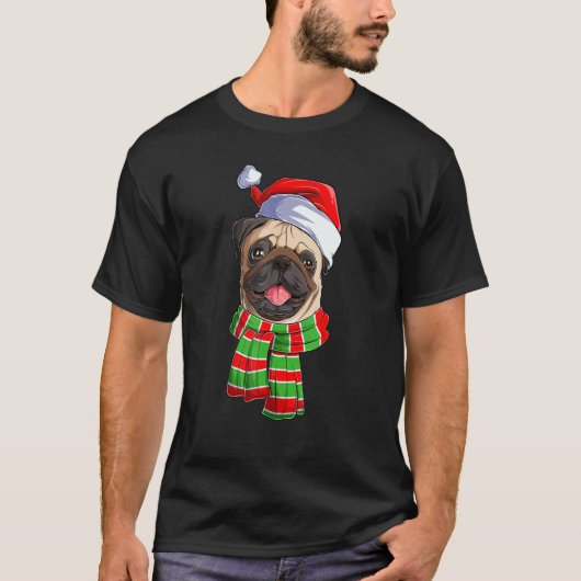 サンタクロース帽とScとクリスマスパグ犬の頭 Tシャツ (正面)