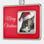 サンタクロース帽をかぶったカリコ猫 シルバープレートフレームオーナメント (左)