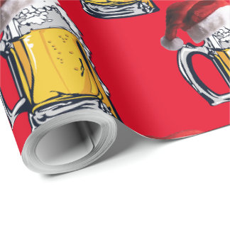 サンタクロース帽をかぶったクリスマスビール ラッピングペーパー