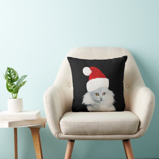 サンタクロース帽子をかぶった白いクリスマス猫 クッション (椅子)