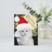 サンタクロース帽子をかぶった白いクリスマス猫 シーズンポストカード (スタンド正面)