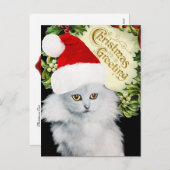 サンタクロース帽子をかぶった白いクリスマス猫 シーズンポストカード (正面/裏面)
