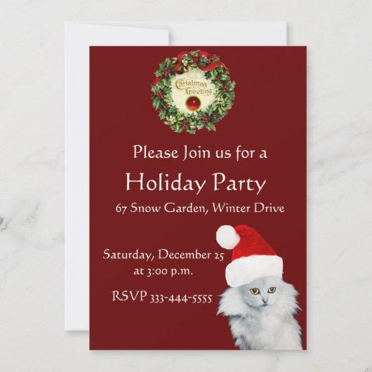 サンタクロース帽子をかぶった白いクリスマス猫 招待状 (裏面)