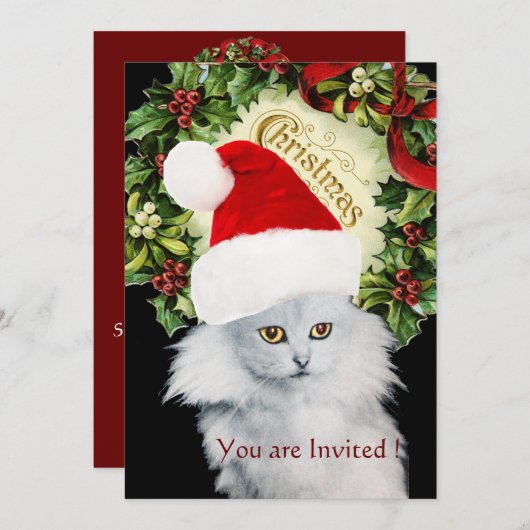 サンタクロース帽子をかぶった白いクリスマス猫 招待状 (正面/裏面)