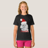 サンタクロース帽子をかぶった白いクリスマス猫 Tシャツ (正面フル)